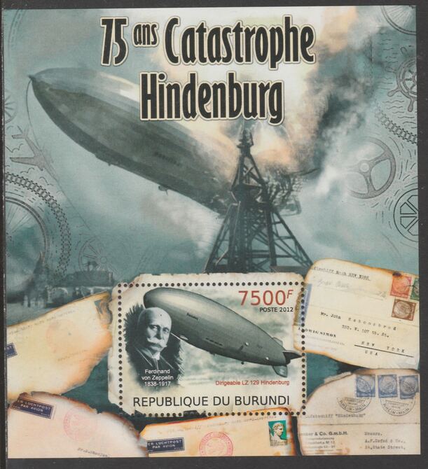 Burundi 2012 75th Anniversary of Hindenburg Disaster perf souvenir sheet  containing 1 value unmounted mint., stamps on airships, stamps on disasters, stamps on hindenburg