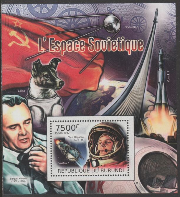 Burundi 2012 Soviet Space perf souvenir sheet  containing 1 value unmounted mint.t., stamps on , stamps on  stamps on space, stamps on  stamps on dogs, stamps on  stamps on satellites