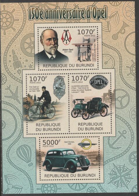 Burundi 2012 150th Anniv of Opel perf sheetlet containing 4 values unmounted mint., stamps on , stamps on  stamps on opel, stamps on  stamps on cars, stamps on  stamps on bicycles