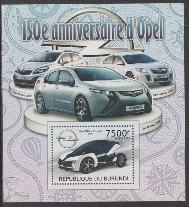 Burundi 2012 150th Anniv of Opel perf souvenir sheet  containing 1 value unmounted mint.t., stamps on opel, stamps on cars, stamps on 