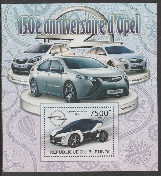 Burundi 2012 150th Anniv of Opel perf souvenir sheet  containing 1 value unmounted mint.t., stamps on , stamps on  stamps on opel, stamps on  stamps on cars, stamps on  stamps on 