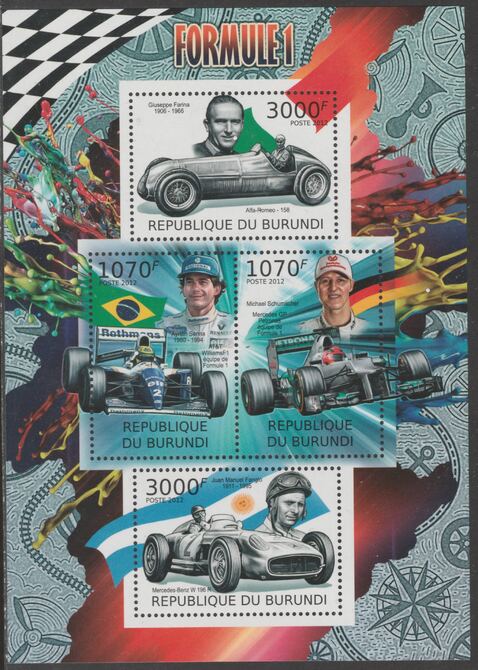 Burundi 2012 Formula 1 perf sheetlet containing 4 values unmounted mint., stamps on cars, stamps on formula 1, stamps on  f1 , stamps on 