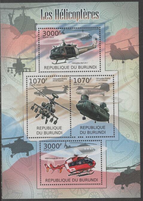 Burundi 2012 Helicopters perf sheetlet containing 4 values unmounted mint., stamps on aviation, stamps on helicopters