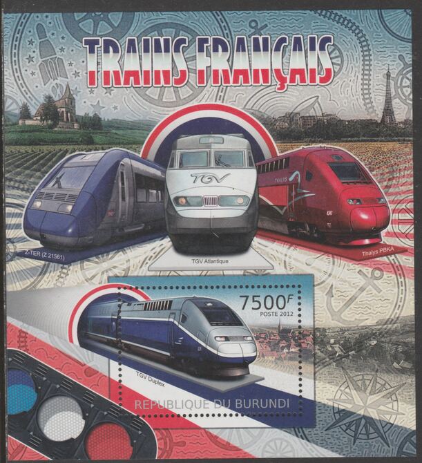 Burundi 2012 French Trains perf souvenir sheet  containing 1 value unmounted mint.t., stamps on , stamps on  stamps on railways
