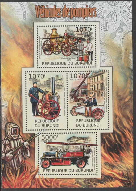 Burundi 2012 Fire Fighting Trucks perf sheetlet containing 4 values unmounted mint., stamps on fire