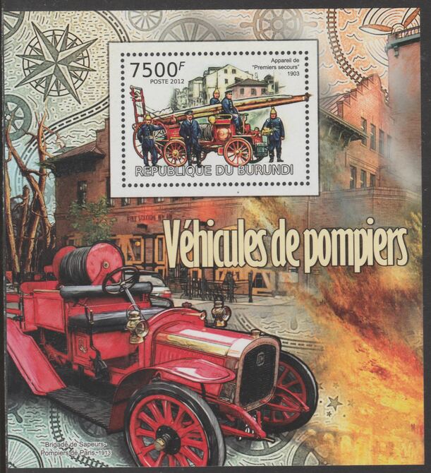 Burundi 2012 Fire Fighting Trucks perf souvenir sheet  containing 1 value unmounted mint.t., stamps on fire