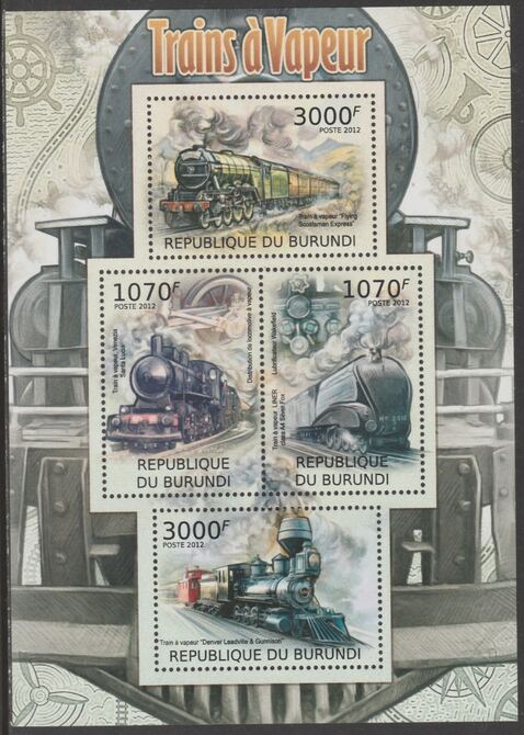 Burundi 2012 Steam Trains perf sheetlet containing 4 values unmounted mint., stamps on , stamps on  stamps on railways