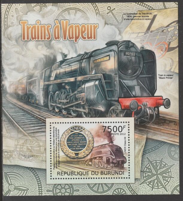 Burundi 2012 Steam Trains perf souvenir sheet  containing 1 value unmounted mint.t., stamps on , stamps on  stamps on railways, stamps on  stamps on anchors