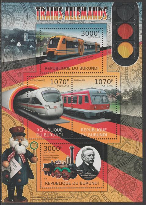 Burundi 2012 German Trains perf sheetlet containing 4 values unmounted mint., stamps on railways