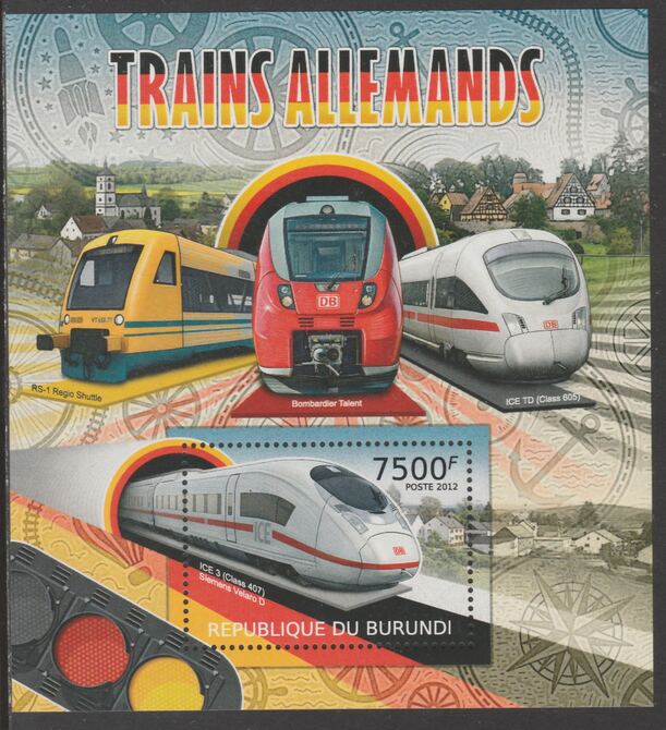 Burundi 2012 German Trains perf souvenir sheet  containing 1 value unmounted mint.t., stamps on railways
