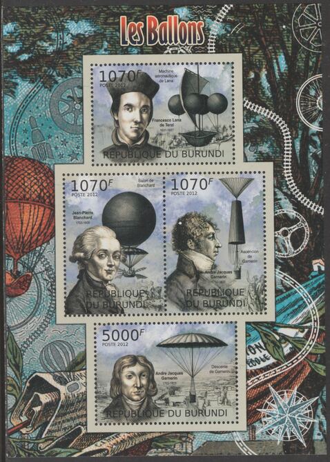 Burundi 2012 Balloons perf sheetlet containing 4 values unmounted mint., stamps on aviation, stamps on balloons