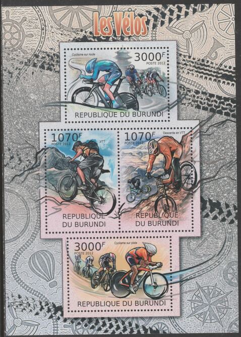 Burundi 2012 Bicycles perf sheetlet containing 4 values unmounted mint., stamps on bicycles
