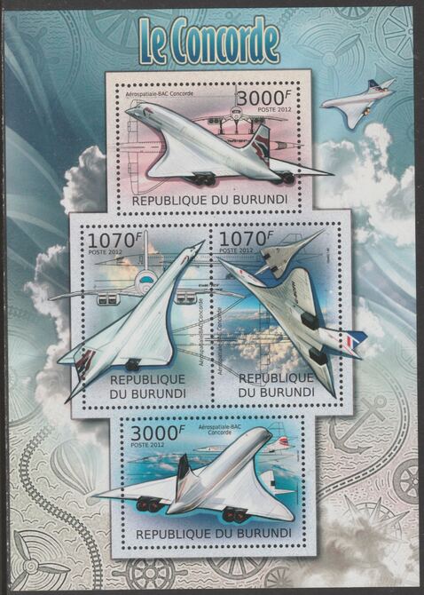 Burundi 2012 Concorde perf sheetlet containing 4 values unmounted mint., stamps on aviation, stamps on concorde