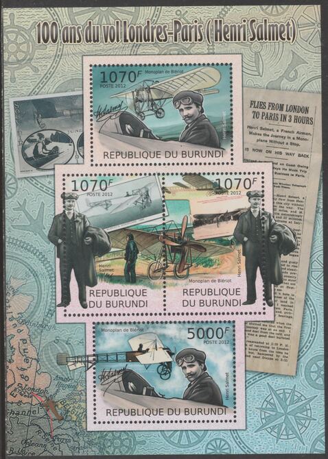Burundi 2012 Centenary of Henri Salmet's London to Paris Flight perf sheetlet containing 4 values unmounted mint., stamps on aviation, stamps on salmet