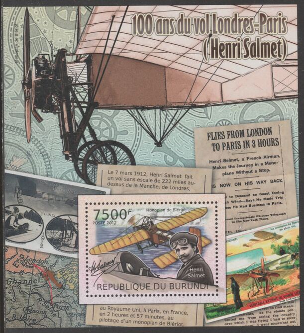 Burundi 2012 Centenary of Henri Salmet's London to Paris Flight perf souvenir sheet  containing 1 value unmounted mint.t., stamps on aviation, stamps on salmet