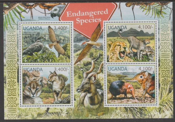 Uganda 2012 Endangered Species perf sheetlet containing 4 values unmounted mint., stamps on , stamps on  stamps on , stamps on  stamps on  wwf , stamps on  stamps on cats, stamps on  stamps on cheetah, stamps on  stamps on eagles, stamps on  stamps on shrews