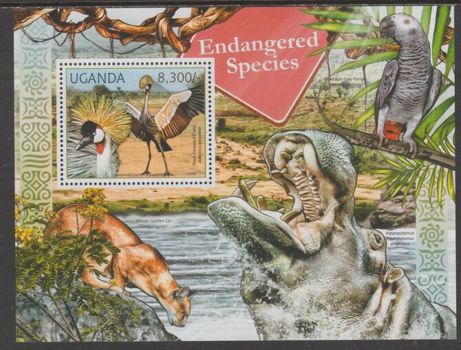 Uganda 2012 Endangered Species perf souvenir sheet  containing 1 value unmounted mint.t., stamps on , stamps on  stamps on , stamps on  stamps on  wwf , stamps on  stamps on birds, stamps on  stamps on cranes, stamps on  stamps on hippos