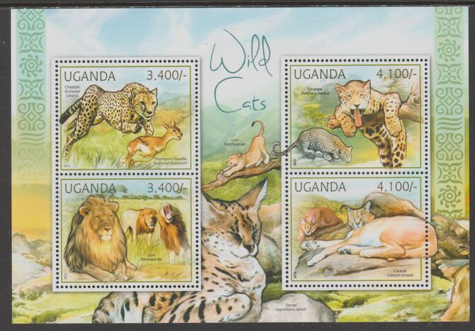 Uganda 2012 Wild Cats perf sheetlet containing 4 values unmounted mint., stamps on , stamps on  wwf , stamps on cats, stamps on cheetah, stamps on leopards, stamps on lions, stamps on caracals