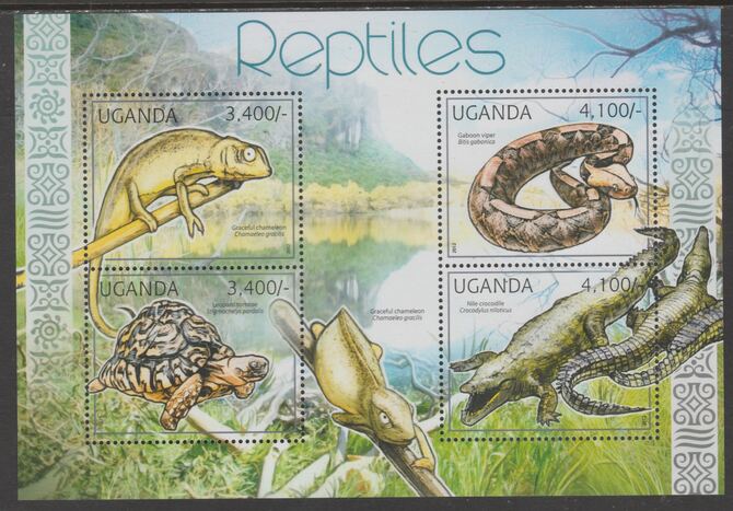 Uganda 2012 Reptiles perf sheetlet containing 4 values unmounted mint., stamps on reptiles, stamps on snakes, stamps on tortoise, stamps on chameleon, stamps on crocodiles