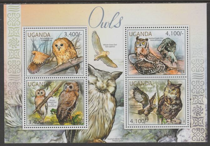 Uganda 2012 Owls perf sheetlet containing 4 values unmounted mint., stamps on birds.birds of prey, stamps on owls