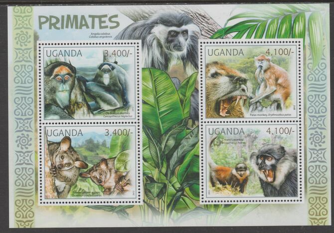 Uganda 2012 Primates perf sheetlet containing 4 values unmounted mint., stamps on primates, stamps on .monkeys
