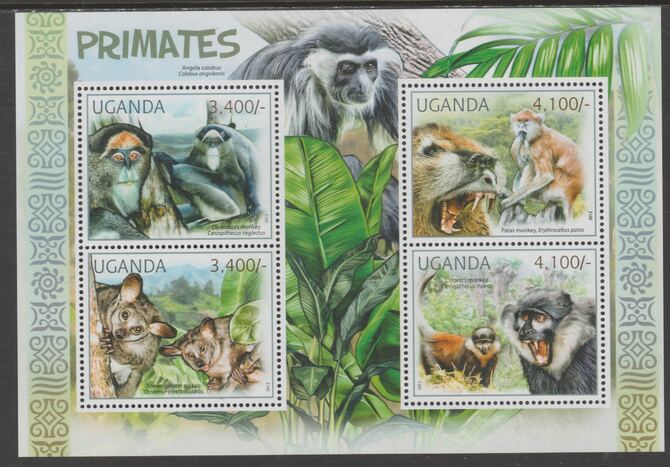 Uganda 2012 Primates perf sheetlet containing 4 values unmounted mint., stamps on , stamps on  stamps on primates, stamps on  stamps on .monkeys