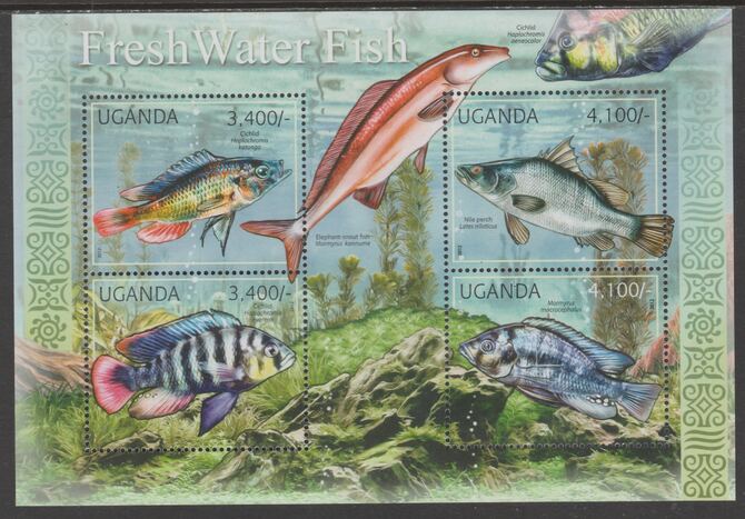 Uganda 2012 Freshwater Fish perf sheetlet containing 4 values unmounted mint., stamps on fish
