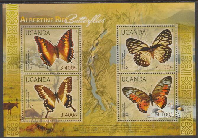 Uganda 2012 Butterflies perf sheetlet containing 4 values unmounted mint., stamps on butterflies