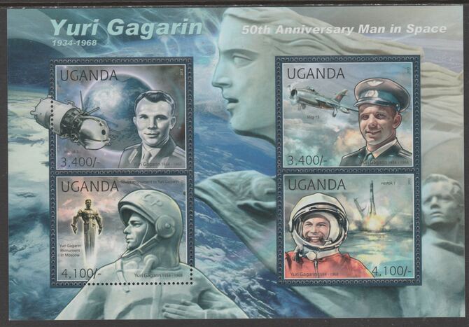 Uganda 2012 Yuri Gagarin perf sheetlet containing 4 values unmounted mint., stamps on personalities, stamps on gagarin, stamps on space