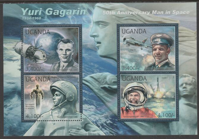 Uganda 2012 Yuri Gagarin perf sheetlet containing 4 values unmounted mint., stamps on , stamps on  stamps on personalities, stamps on  stamps on gagarin, stamps on  stamps on space