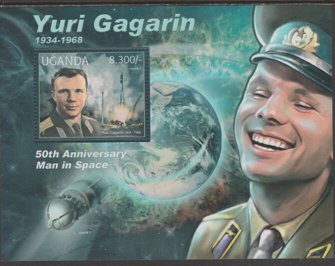Uganda 2012 Yuri Gagarin perf souvenir sheet  containing 1 value unmounted mint.t., stamps on personalities, stamps on gagarin, stamps on space