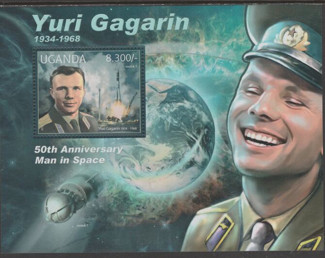 Uganda 2012 Yuri Gagarin perf souvenir sheet  containing 1 value unmounted mint.t., stamps on , stamps on  stamps on personalities, stamps on  stamps on gagarin, stamps on  stamps on space