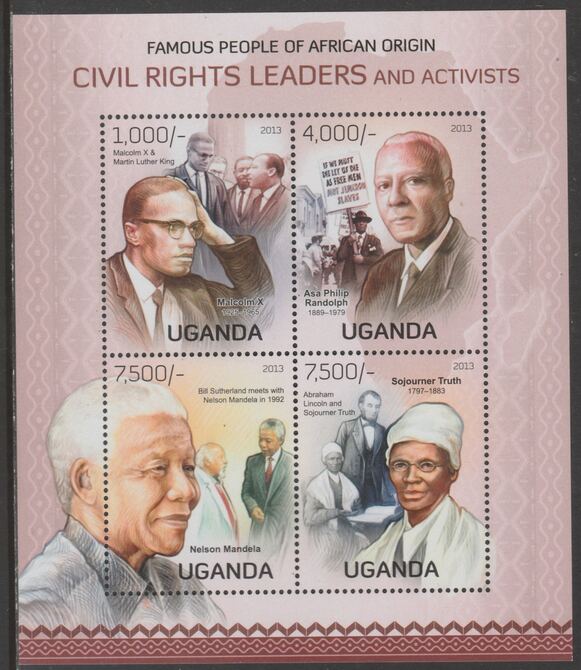 Uganda 2012 Civil Rights Activists perf sheetlet containing 4 values unmounted mint., stamps on personalities, stamps on civil rights, stamps on mandela, stamps on lincoln, stamps on luther king