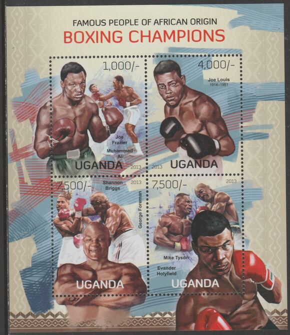 Uganda 2013 Boxing Champions perf sheetlet containing 4 values unmounted mint., stamps on personalities, stamps on sport, stamps on boxing, stamps on  ali , stamps on 