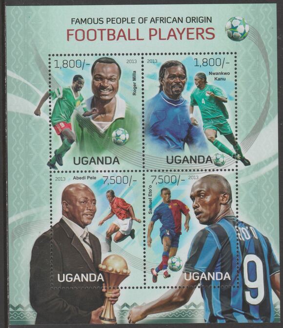 Uganda 2013 Football Pllayers perf sheetlet containing 4 values unmounted mint., stamps on personalities, stamps on sport, stamps on football, stamps on pele