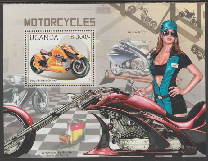 Uganda 2012 Motorcycles perf souvenir sheet  containing 1 value unmounted mint.t.., stamps on , stamps on  stamps on transport, stamps on  stamps on motorcycles