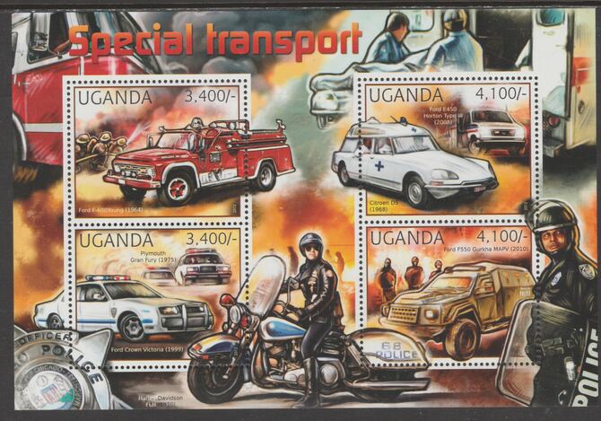 Uganda 2012 Special Transport perf sheetlet containing 4 values unmounted mint., stamps on , stamps on  stamps on transport, stamps on  stamps on motorcycles, stamps on  stamps on ambulances, stamps on  stamps on red cross, stamps on  stamps on fire, stamps on  stamps on police, stamps on  stamps on cars