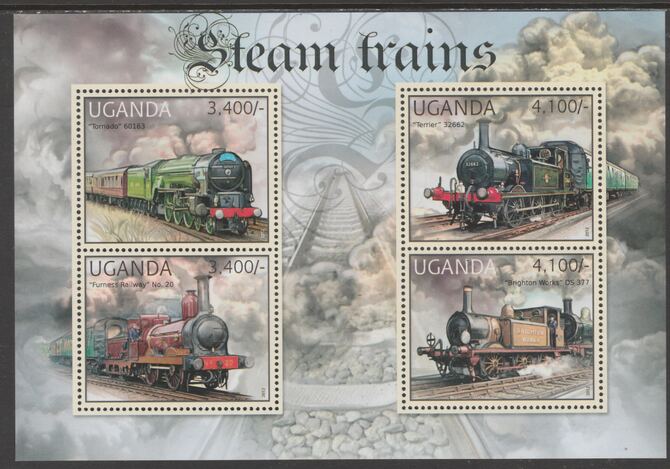 Uganda 2012 Steam Trains perf sheetlet containing 4 values unmounted mint., stamps on , stamps on  stamps on transport, stamps on  stamps on railways