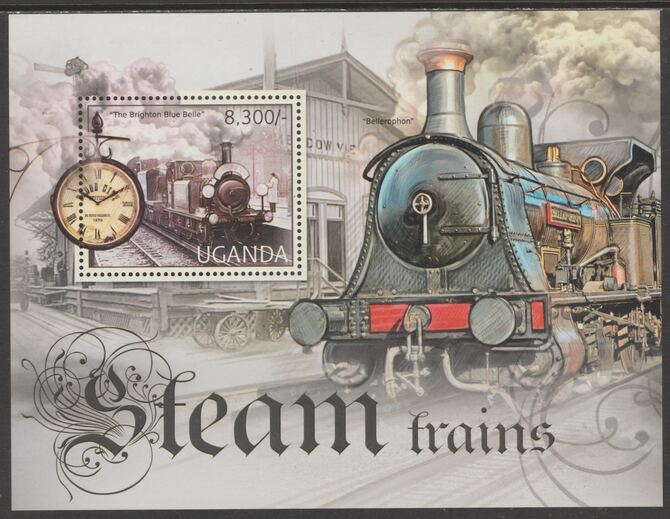 Uganda 2012 Steam Trains perf souvenir sheet  containing 1 value unmounted mint.t.., stamps on transport, stamps on railways, stamps on clocks