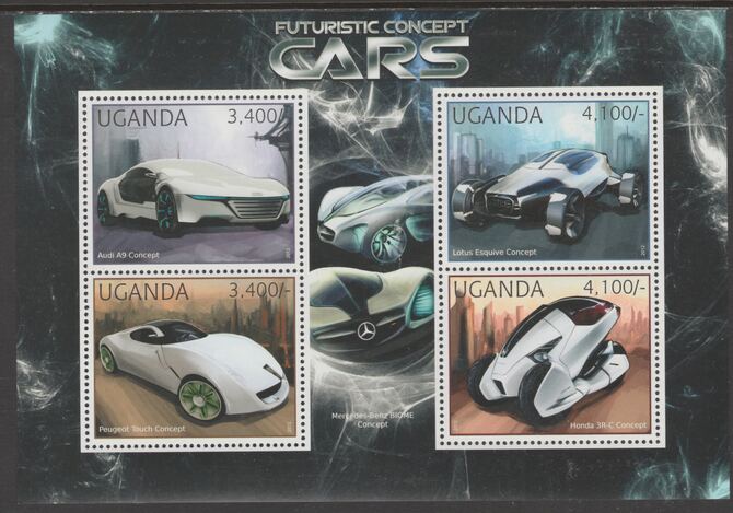 Uganda 2012 Futuristic Cars perf sheetlet containing 4 values unmounted mint., stamps on transport, stamps on cars