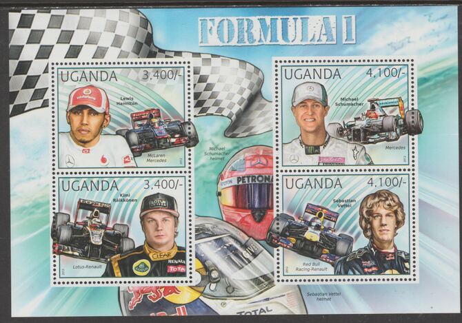 Uganda 2012 Formula 1 perf sheetlet containing 4 values unmounted mint., stamps on transport, stamps on cars, stamps on  f1 , stamps on formula 1, stamps on 