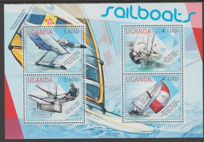 Uganda 2012 Sailboats perf sheetlet containing 4 values unmounted mint., stamps on transport, stamps on sailboats, stamps on yachts
