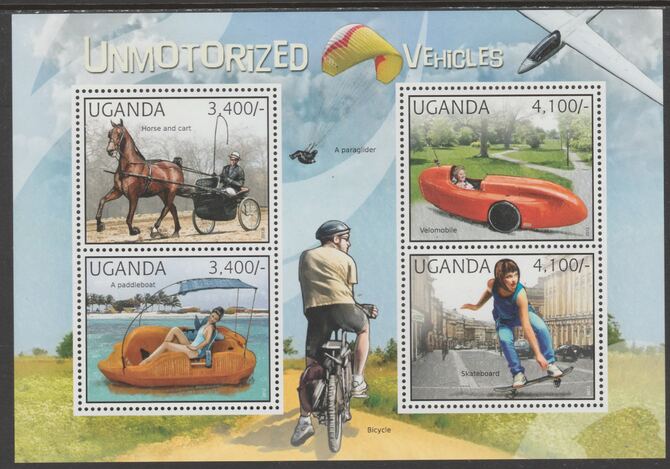 Uganda 2012 Unmotorized Vehicles perf sheetlet containing 4 values unmounted mint., stamps on , stamps on  stamps on transport, stamps on  stamps on horses, stamps on  stamps on skates, stamps on  stamps on bicycles, stamps on  stamps on gliders, stamps on  stamps on paragliding