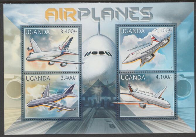 Uganda 2012 Airplanes perf sheetlet containing 4 values unmounted mint., stamps on , stamps on  stamps on transport, stamps on  stamps on aviation, stamps on  stamps on concorde, stamps on  stamps on boeing, stamps on  stamps on airbus