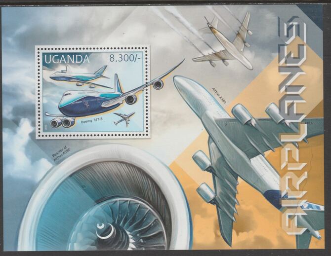 Uganda 2012 Airplanes perf souvenir sheet  containing 1 value unmounted mint.t.., stamps on transport, stamps on aviation, stamps on boeing, stamps on airbus