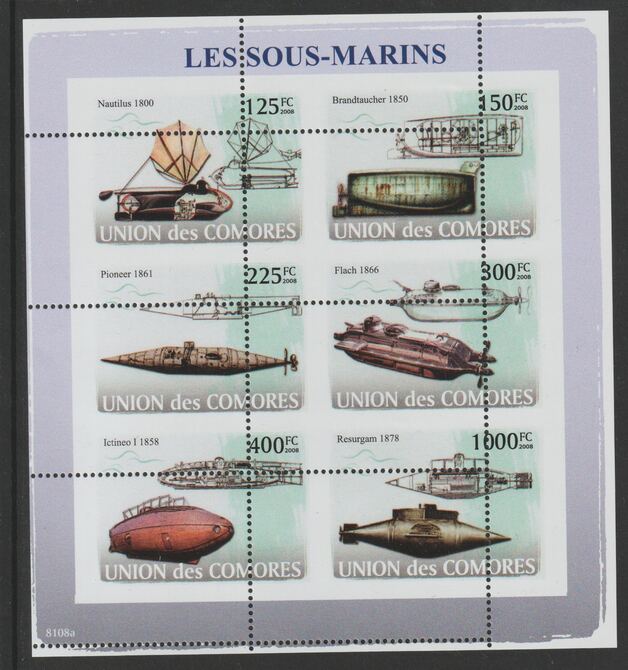 Comoro Islands 2008  Submarines sheetlet containg 6 value with vertical and horizontal perforations grossly misplaced, unmounted mint, stamps on ships, stamps on submarines