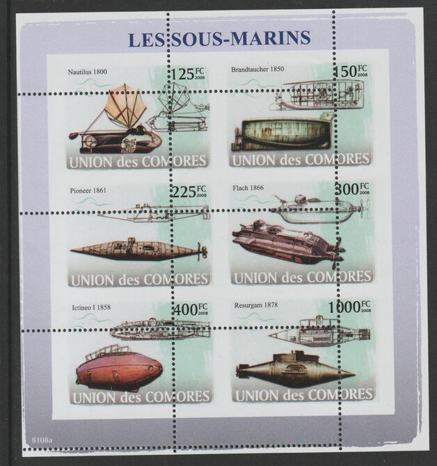 Comoro Islands 2008  Submarines sheetlet containg 6 value with vertical and horizontal perforations grossly misplaced, unmounted mint, stamps on , stamps on  stamps on ships, stamps on  stamps on submarines