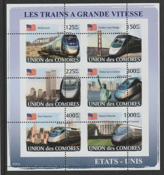 Comoro Islands 2008  High Speed Trains sheetlet containg 6 value with vertical and horizontal perforations grossly misplaced, unmounted mint, stamps on railways, stamps on statue of liberty, stamps on bridges, stamps on white house, stamps on americana