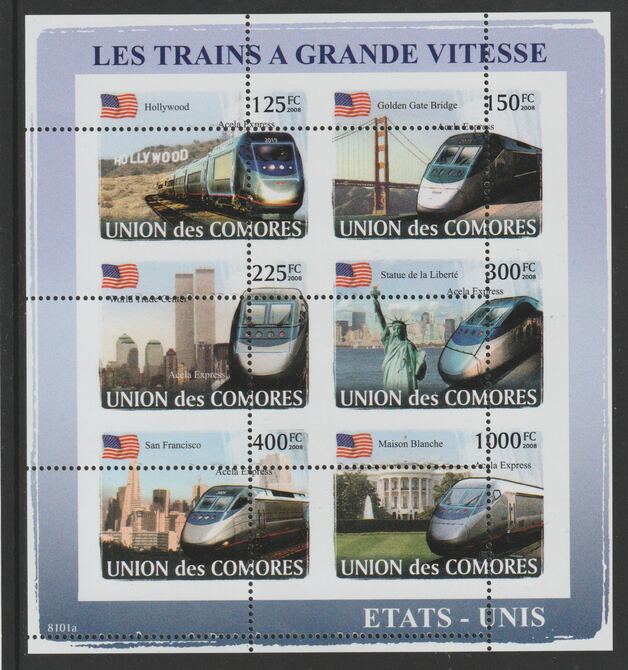 Comoro Islands 2008  High Speed Trains sheetlet containg 6 value with vertical and horizontal perforations grossly misplaced, unmounted mint, stamps on , stamps on  stamps on railways, stamps on  stamps on statue of liberty, stamps on  stamps on bridges, stamps on  stamps on white house, stamps on  stamps on americana