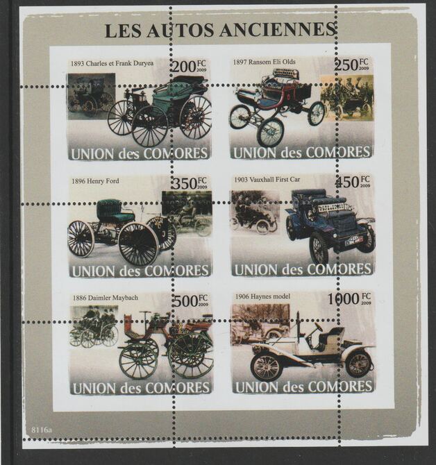 Comoro Islands 2009 Early Motor Cars sheetlet containg 6 value with vertical and horizontal perforations grossly misplaced, unmounted mint, stamps on cars, stamps on , stamps on ford, stamps on vauxhall, stamps on daimler